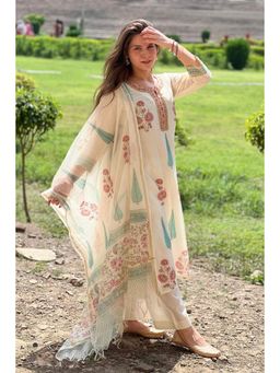 HERITAGE - Ivory Floral Gota Printed Chanderi Kurta With Pant and Dupatta