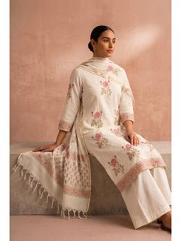 HERITAGE - Ivory Motif Printed Chanderi Kurta With Pant and Dupatta
