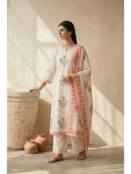 HERITAGE - Off White Hand Block Printed Cotton Kurta With Pant and Dupatta