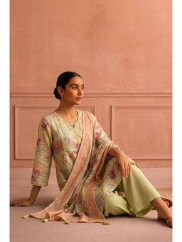 HERITAGE - Pastel Green Watercolor Floral Printed Linen Cotton Kurta With Pant and Dupatta