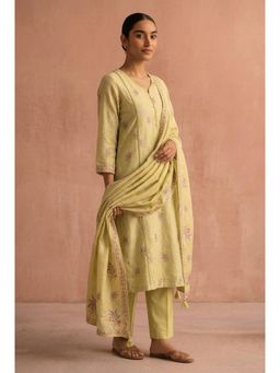 HERITAGE - Green Jaal Printed Cotton Linen Kurta With Pant and Dupatta