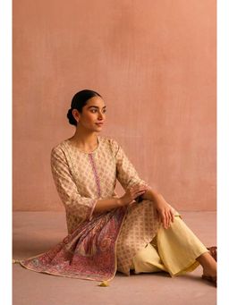 HERITAGE - Beige Floral Buti Printed Linen Cotton Kurta With Pant and Dupatta