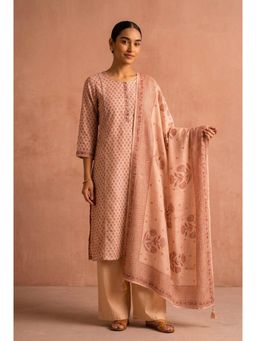 HERITAGE - Dusty Peach Floral Buti Printed Linen Cotton Kurta With Pant and Dupatta