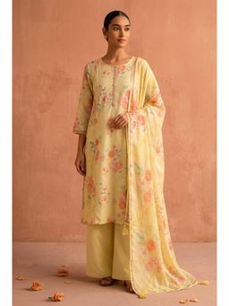 HERITAGE - Yellow Watercolor Floral Printed Cotton Linen Kurta With Pant and Dupatta