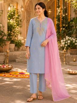 Nayam by lakshita - Women Blue Embroidered Kurta with Pant and Dupatta