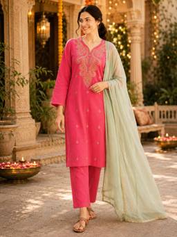 Nayam by lakshita - Women Pink Embroidered Kurta with Pant and Dupatta