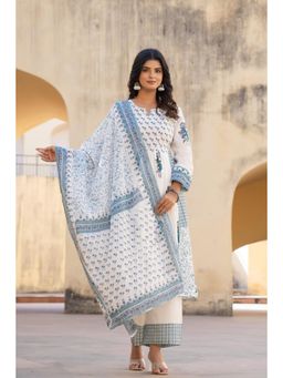 Juniper - White Floral Printed Cotton Kurta Pant and Dupatta