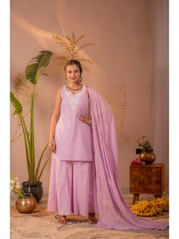 Juniper - Lavender Embroidered Cotton Kurta with Sharara and Dupatta