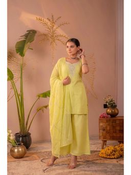 Juniper - Light Yellow Embroidered Cotton Kurta with Sharara and Dupatta