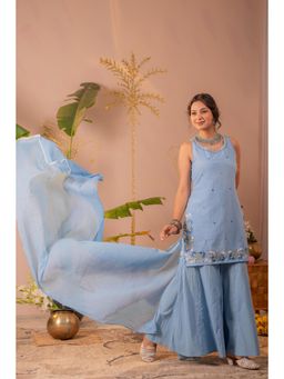 Juniper - Blue Embroidered Cotton Kurta with Sharara and Dupatta