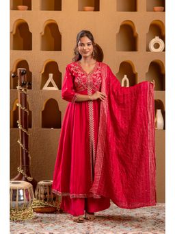 Juniper - Pink Viscose Embroidered Fit and Flared Kurta with Pants and Dupatta