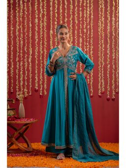 Juniper - Teal Viscose Embroidered Fit and Flared Kurta with Pants and Dupatta
