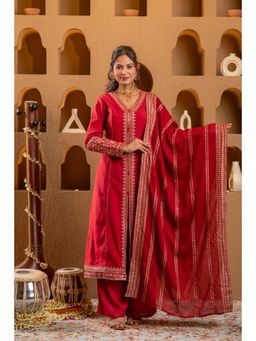Juniper - Red Viscose Embroidered A-Line Kurta with Pants and Dupatta