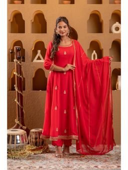 Juniper - Red Anarkali Kurta with Pant and Dupatta