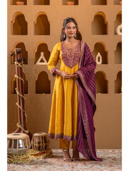 Juniper - Mustard Nylon Flared Kurta Pant and Dupatta