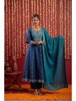 Juniper - Navy Blue Nylon Flared Kurta Pant and Dupatta