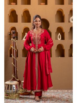 Juniper - Red Manmade Fiber Flared Anarkali Kurta Pant and Dupatta