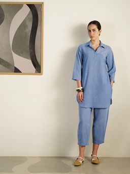 Pink Fort - Blue Cotton Geometric Placement Print Kurta with Pant