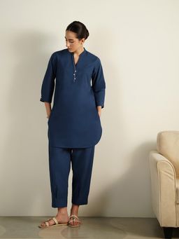 Pink Fort - Navy Blue Cotton Solid Kurta with Pant