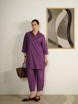 Pink Fort - Lavender Cotton Solid Shirt Collar Kurta with Pant