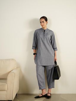 Pink Fort - Grey Cotton Woven Design Mandarin Collar Kurta with Pant