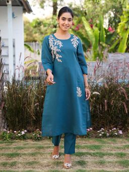 ARAMYA - Teal Women Chanderi Straight Embroidered Kurta with Pant