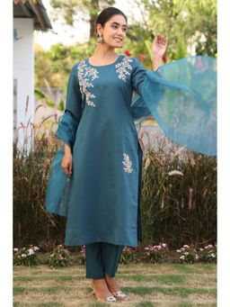 ARAMYA - Teal Women Chanderi Embroidered Kurta with Pant and Dupatta