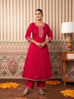 ARAMYA - Pink Women Chanderi Straight Embroidered Kurta with Pant