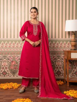 ARAMYA - Pink Women Chanderi Embroidered Kurta with Pant and Dupatta
