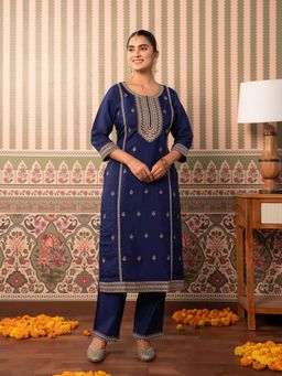 ARAMYA - Purple Women Chanderi Straight Embroidered Kurta with Pant