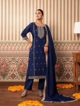 ARAMYA - Purple Women Chanderi Embroidered Kurta with Pant and Dupatta