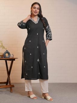 ARAMYA - Black Women Soft cotton Straight Embroidered Kurta with Pant