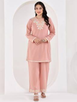 ARAMYA - Peach Women Slub cotton Straight Embroidered Co-ord Set