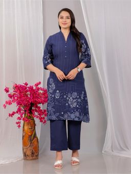 ARAMYA - Blue Women Soft Cotton A-line Placement Print Kurta with Pant