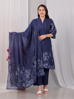 ARAMYA - Blue Women Soft Cotton Placement Print Kurta with Pant and Dupatta