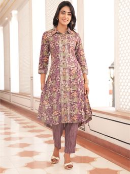 ARAMYA - Purple Women Soft cotton High Low Floral Print Kurta with Pant