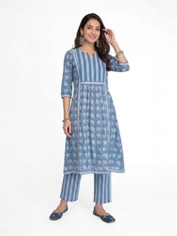 ZLAATA - Blue Printed Round Neck A Line Anarkali Kurta with Pant