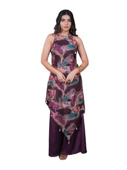 ZLAATA - Purple Halter Neck Kurta with Palazzo