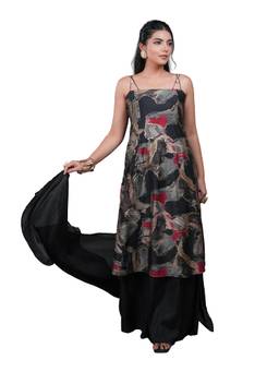 ZLAATA - Black V-Neck 3-Piece Kurta with Palazzo and Dupatta