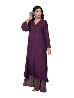 ZLAATA - Purple Solid V-Neck A-Line Kurta with Palazzo