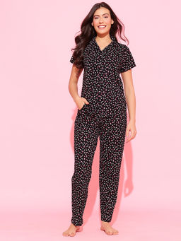 Clovia - Cotton Printed Button-Down Shirt and Pyjama