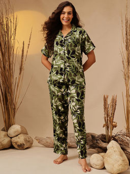 Clovia - Rayon Printed Button-Down Shirt and Pyjama