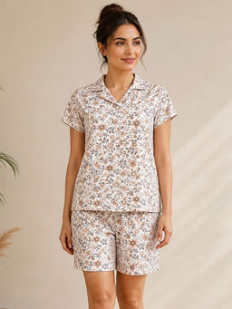 Clovia - Cotton Print Me Pretty Button-Down Shirt and Shorts