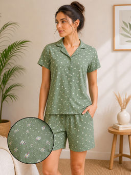 Clovia - Cotton Print Me Pretty Button-Down Shirt and Shorts
