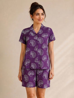 Clovia - Rayon Floral Print Button Down Shirt and Shorts Set