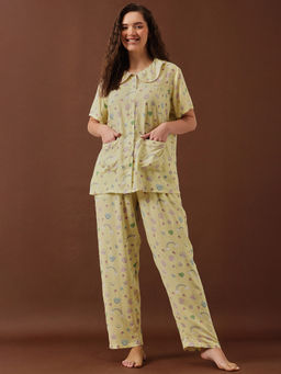 Clovia - Rayon Printed Button-Down Shirt and Pyjama