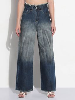 SHOWOFF - Edition Women's Blue High Rise Frayed Hem Wide Leg Two-Tone Jeans