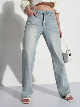 SHOWOFF - Edition Women's Blue Embellished Mid Rise Straight Fit Jeans