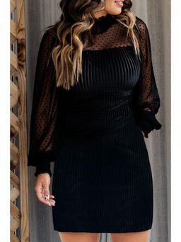 PARTIQ - Black Dotted Mesh Striped Frilled Neck Bubble Sleeve Dress