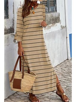 PARTIQ - Apricot Striped Casual Slit Long Dress
